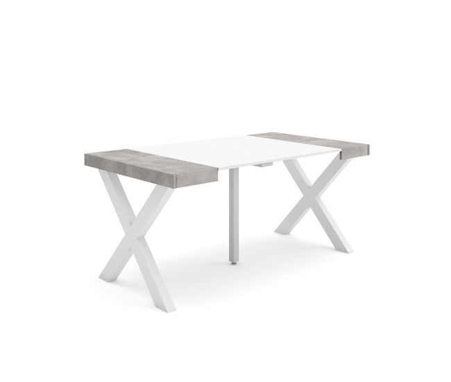 Mesa consola extensible, mesa comedor plegable, 160x90x73cm, para 8 comensales, patas madera maciza, estilo moderno, blanco y cemento