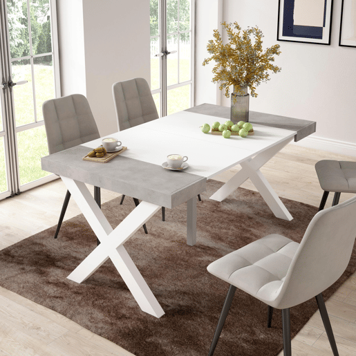 Mesa Consola Extensível, Cozinha, Sala de jantar, 160x90x73cm, Para 8 pessoas, Pés de madeira, Estilo moderno, Branco e cinzento