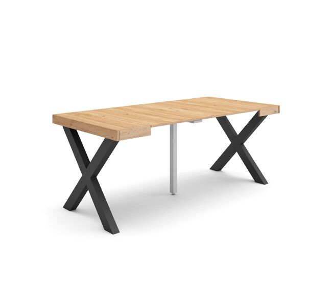 Mesa consola extensible, mesa comedor plegable, 180x90x73cm, para 8 comensales, patas madera maciza, estilo moderno, roble