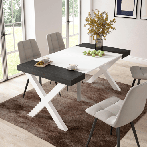 Mesa Consola Extensível, Cozinha, Sala de jantar, 160x90x73cm, Para 8 pessoas, Pés de madeira, Estilo moderno, Branco e preto Mesa Consola Extensível, Cozinha, Sala de jantar, 160x90x73cm, Para 8 pessoas, Pés de madeira, Estilo moderno, Branco e preto