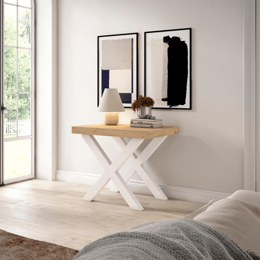 Mesa Consola Extensível, Cozinha, Sala de jantar, 180x90x73cm, Para 8 pessoas, Pés de madeira, Estilo moderno, Carvalho e branco Mesa Consola Extensível, Cozinha, Sala de jantar, 180x90x73cm, Para 8 pessoas, Pés de madeira, Estilo moderno, Carvalho e branco