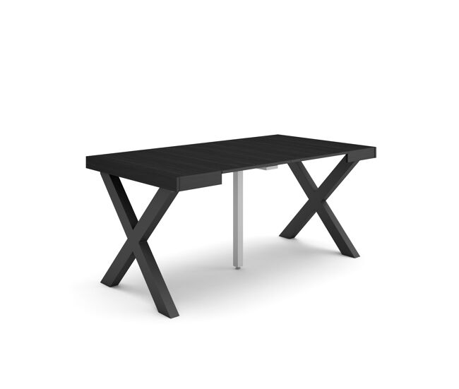 Mesa consola extensible, mesa comedor plegable, 160x90x73cm, para 8 comensales, patas madera maciza, estilo moderno, negro