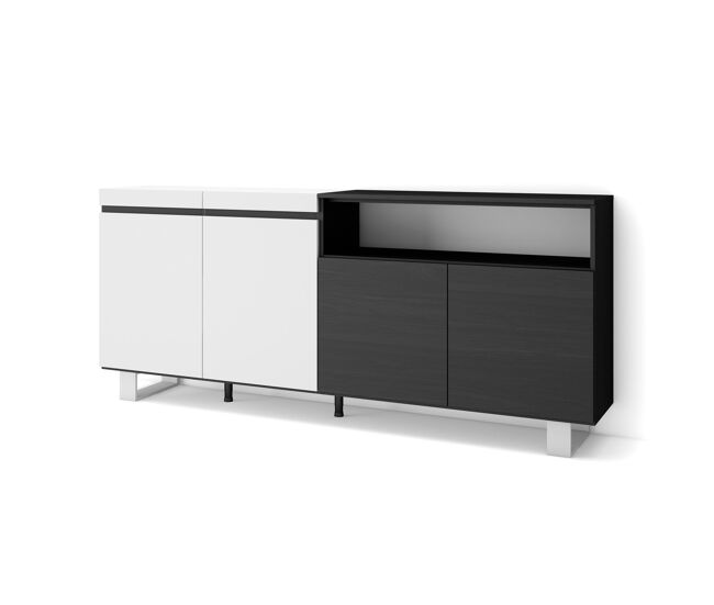 Aparador para salón, gran capacidad de almacenaje, 200x35x87cm, 4 puertas, diseño industrial, estilo moderno, blanco y negro