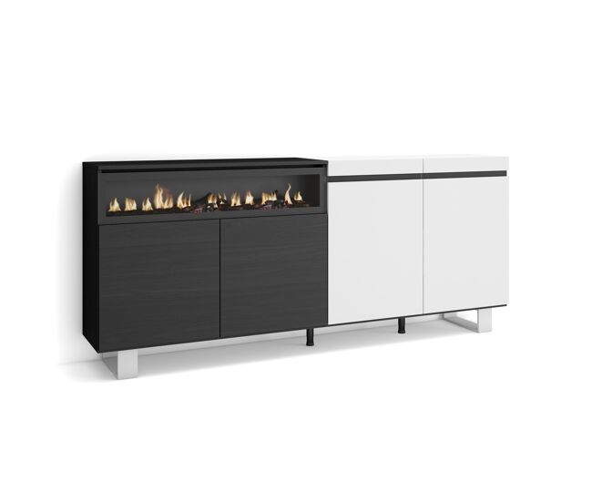 Aparador para salón, gran capacidad de almacenaje, 200x35x87cm, 4 puertas, chimenea eléctrica, diseño industrial, estilo moderno, blanco y negro