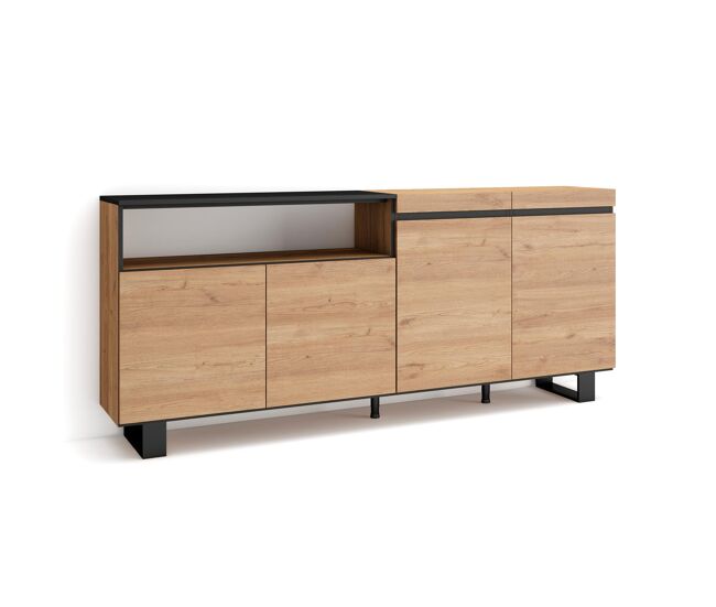 Aparador para salón, gran capacidad de almacenaje, 200x35x87cm, 4 puertas, diseño industrial, estilo moderno, roble y negro