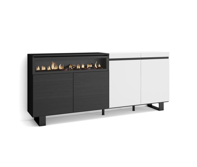 Aparador para salón, gran capacidad de almacenaje, 200x35x87cm, 4 puertas, chimenea eléctrica, diseño industrial, estilo moderno, blanco y negro
