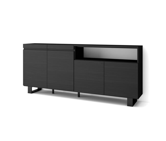 Aparador para salón, gran capacidad de almacenaje, 200x35x87cm, 4 puertas, diseño industrial, estilo moderno, negro