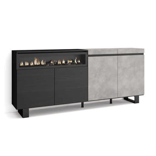 Aparador sala de jantar, Sala, Cozinha, Entrada, TV, 200x35x87cm, 4 Portas, Lareira eléctrica, Design industrial, Estilo moderno, Cimento Aparador sala de jantar, Sala, Cozinha, Entrada, TV, 200x35x87cm, 4 Portas, Lareira eléctrica, Design industrial, Estilo moderno, Cimento