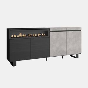 Aparador sala de jantar, Sala, Cozinha, Entrada, TV, 200x35x87cm, 4 Portas, Lareira eléctrica, Design industrial, Estilo moderno, Cimento