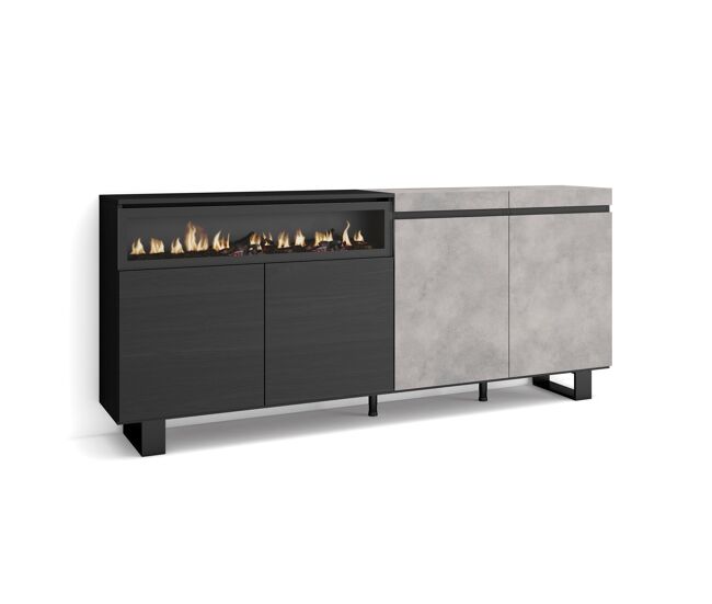 Aparador para salón, gran capacidad de almacenaje, 200x35x87cm, 4 puertas, chimenea eléctrica, diseño industrial, estilo moderno, cemento