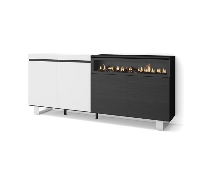 Aparador para salón, gran capacidad de almacenaje, 200x35x87cm, 4 puertas, chimenea eléctrica, diseño industrial, estilo moderno, blanco y negro