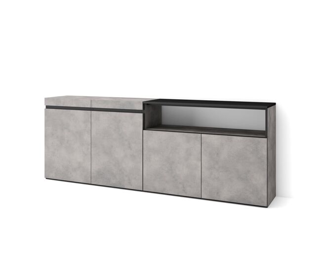 Aparador para salón, gran capacidad de almacenaje, 200x35x75cm, 4 puertas, armario, zapatero, estilo moderno, cemento