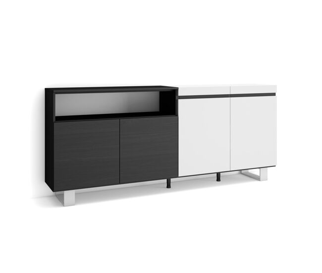 Aparador para salón, gran capacidad de almacenaje, 200x35x87cm, 4 puertas, diseño industrial, estilo moderno, blanco y negro