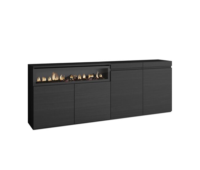 Aparador para salón, gran capacidad de almacenaje, 200x35x75cm, 4 puertas, chimenea eléctrica, estilo moderno, negro