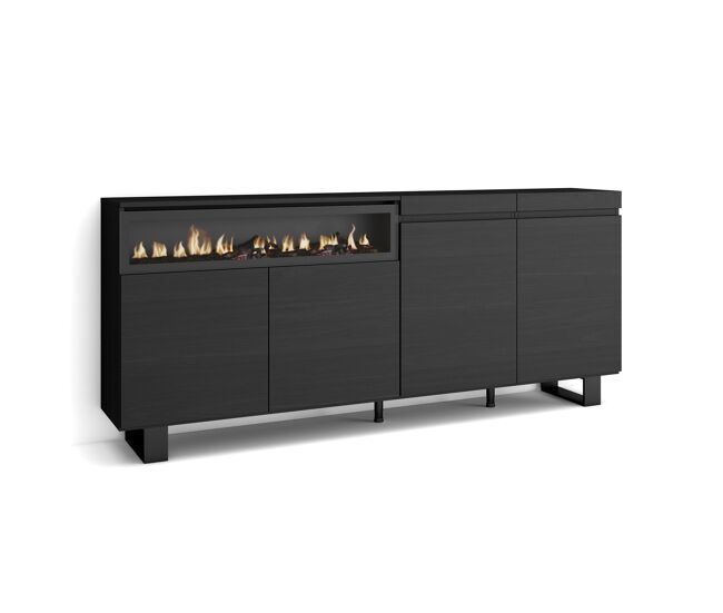 Aparador para salón, gran capacidad de almacenaje, 200x35x87cm, 4 puertas, chimenea eléctrica, diseño industrial, estilo moderno, negro