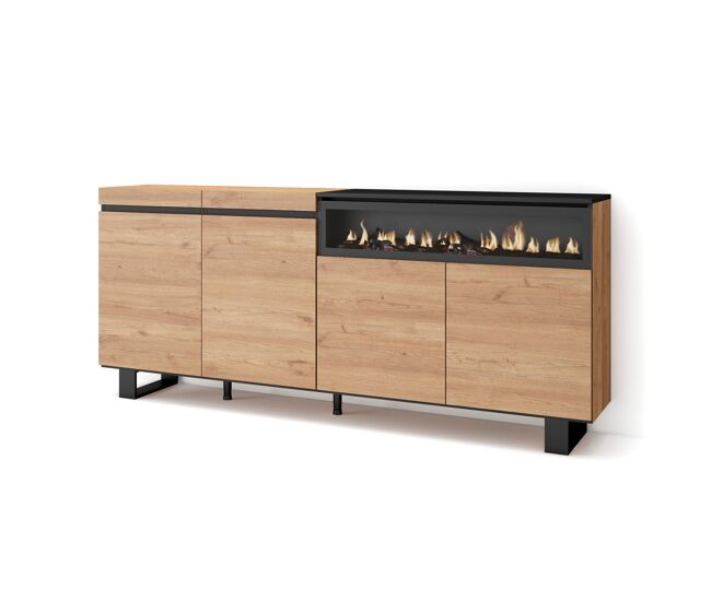 Aparador para salón, gran capacidad de almacenaje, 200x35x87cm, 4 puertas, chimenea eléctrica, diseño industrial, estilo moderno, roble y negro