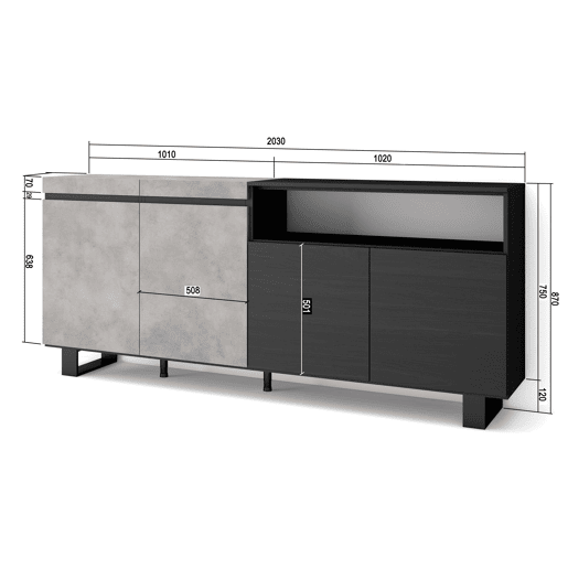 Aparador sala de jantar, Sala, Cozinha, Entrada, TV, 200x35x87cm, 4 Portas, Design industrial, Estilo moderno, Cimento