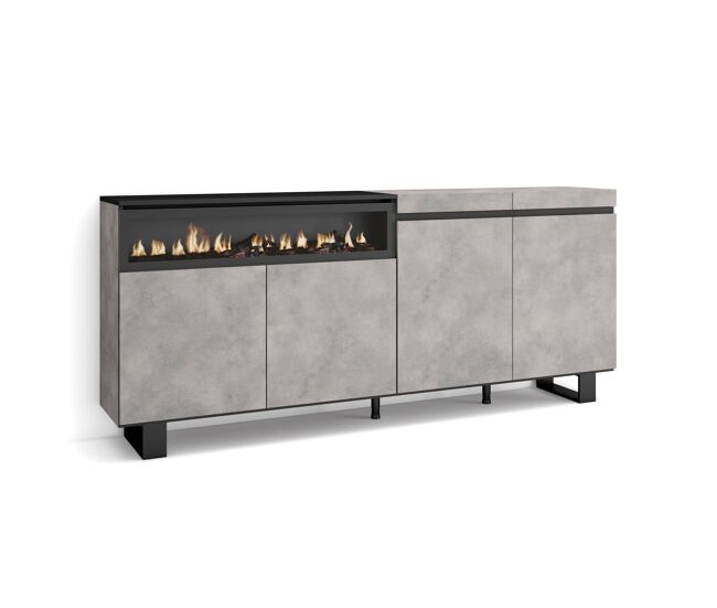 Aparador para salón, gran capacidad de almacenaje, 200x35x87cm, 4 puertas, chimenea eléctrica, diseño industrial, estilo moderno, cemento