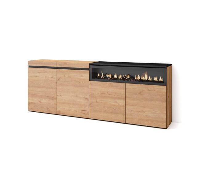Aparador para salón, gran capacidad de almacenaje, 200x35x75cm, 4 puertas, chimenea eléctrica, estilo moderno, roble y negro