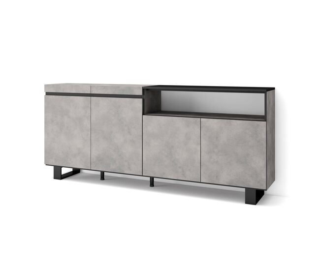 Aparador para salón, gran capacidad de almacenaje, 200x35x87cm, 4 puertas, diseño industrial, estilo moderno, cemento