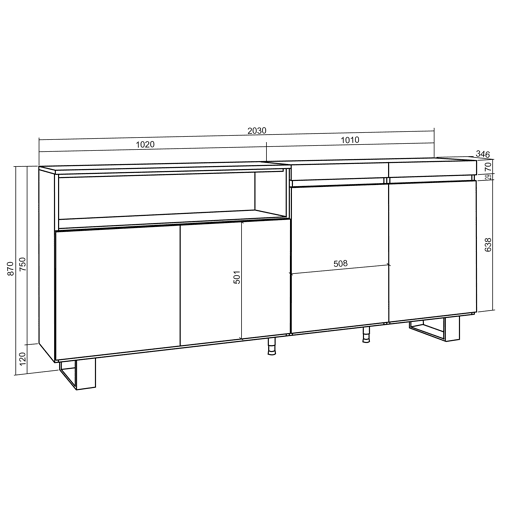 Aparador sala de jantar, Sala, Cozinha, Entrada, TV, 200x35x87cm, 4 Portas, Design industrial, Estilo moderno, Cimento