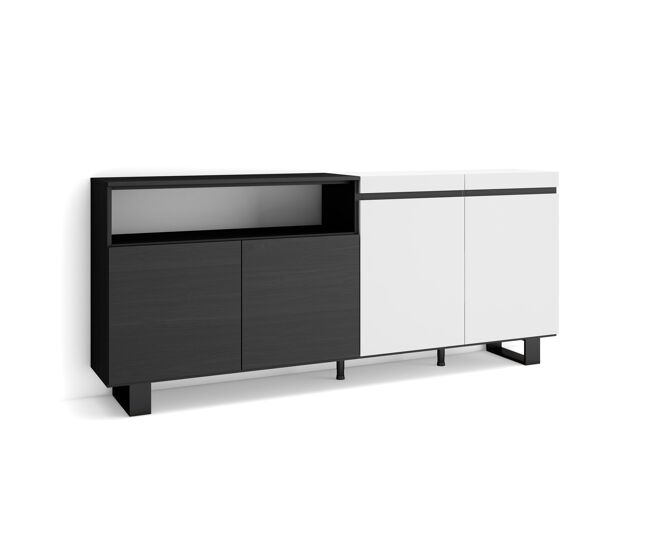 Aparador para salón, gran capacidad de almacenaje, 200x35x87cm, 4 puertas, diseño industrial, estilo moderno, blanco y negro