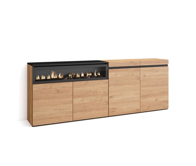 Aparador para salón, gran capacidad de almacenaje, 200x35x75cm, 4 puertas, chimenea eléctrica, estilo moderno, roble y negro