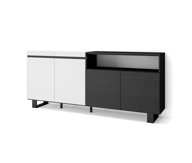 Aparador para salón, gran capacidad de almacenaje, 200x35x87cm, 4 puertas, diseño industrial, estilo moderno, blanco y negro
