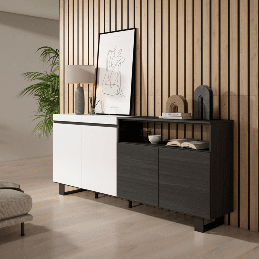 Aparador sala de jantar, Sala, Cozinha, Entrada, TV, 200x35x87cm, 4 Portas, Design industrial, Estilo moderno, Branco e preto