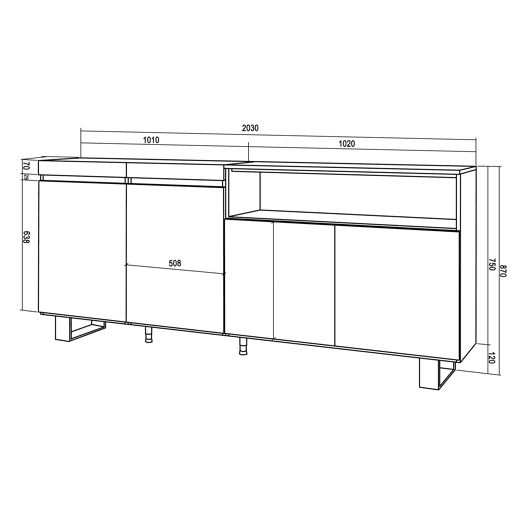 Aparador sala de jantar, Sala, Cozinha, Entrada, TV, 200x35x87cm, 4 Portas, Design industrial, Estilo moderno, Branco e preto