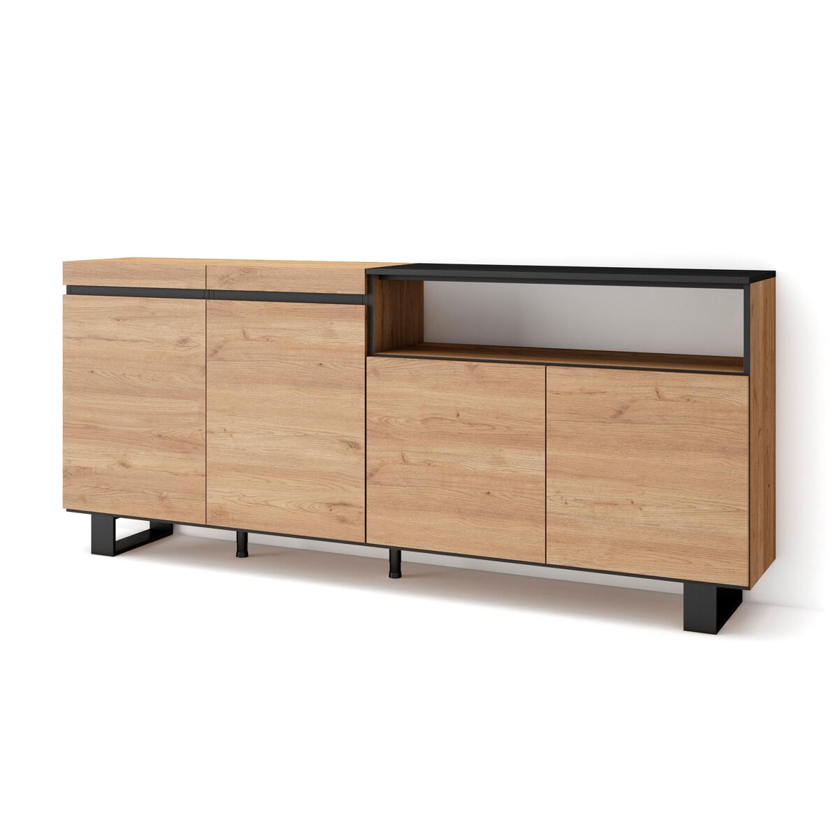 Aparador para salón, gran capacidad de almacenaje, 200x35x87cm, 4 puertas, diseño industrial, estilo moderno, roble y negro