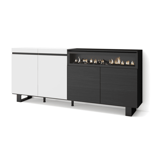 Aparador sala de jantar, Sala, Cozinha, Entrada, TV, 200x35x87cm, 4 Portas, Lareira eléctrica, Design industrial, Estilo moderno, Branco e preto