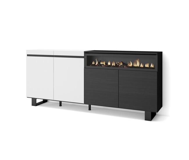 Aparador para salón, gran capacidad de almacenaje, 200x35x87cm, 4 puertas, chimenea eléctrica, diseño industrial, estilo moderno, blanco y negro
