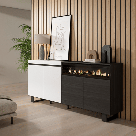 Aparador sala de jantar, Sala, Cozinha, Entrada, TV, 200x35x87cm, 4 Portas, Lareira eléctrica, Design industrial, Estilo moderno, Branco e preto