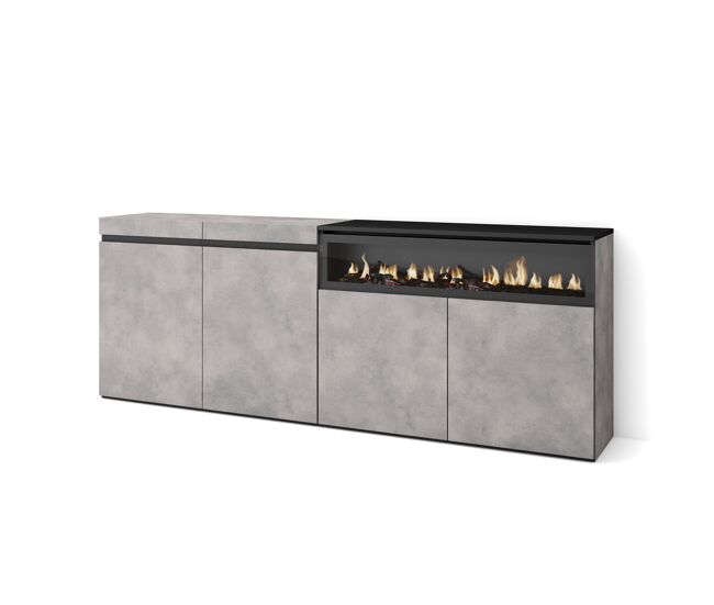 Aparador para salón, gran capacidad de almacenaje, 200x35x75cm, 4 puertas, chimenea eléctrica, estilo moderno, cemento
