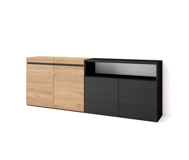 Aparador para salón, gran capacidad de almacenaje, 200x35x75cm, 4 puertas, armario, zapatero, estilo moderno, roble y negro