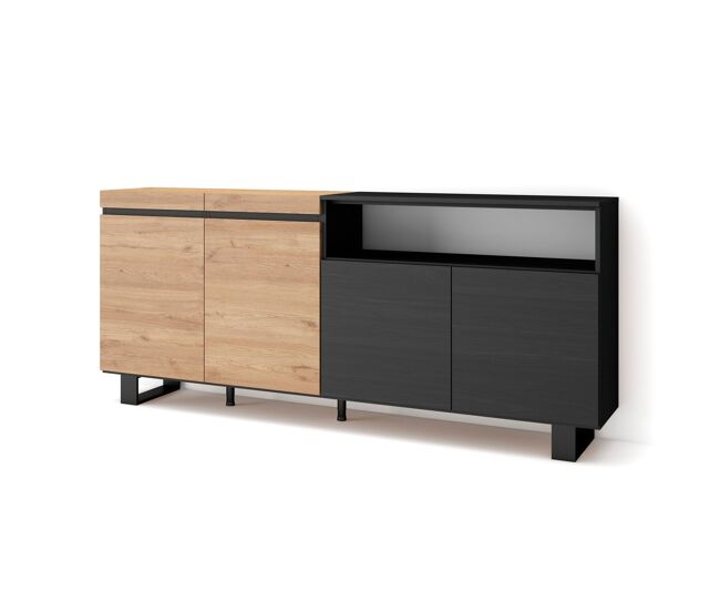 Aparador para salón, gran capacidad de almacenaje, 200x35x87cm, 4 puertas, diseño industrial, estilo moderno, roble y negro