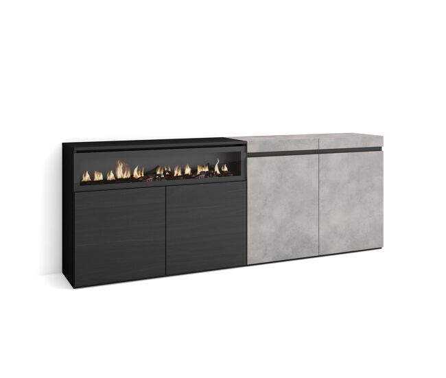 Aparador para salón, gran capacidad de almacenaje, 200x35x75cm, 4 puertas, chimenea eléctrica, estilo moderno, cemento
