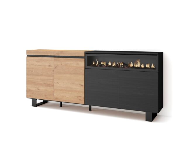 Aparador para salón, gran capacidad de almacenaje, 200x35x87cm, 4 puertas, chimenea eléctrica, diseño industrial, estilo moderno, roble y negro