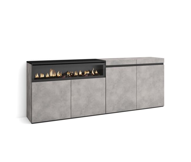 Aparador para salón, gran capacidad de almacenaje, 200x35x75cm, 4 puertas, chimenea eléctrica, estilo moderno, cemento