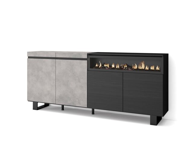 Aparador para salón, gran capacidad de almacenaje, 200x35x87cm, 4 puertas, chimenea eléctrica, diseño industrial, estilo moderno, cemento
