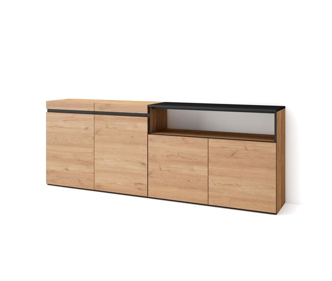 Aparador para salón, gran capacidad de almacenaje, 200x35x75cm, 4 puertas, armario, zapatero, estilo moderno, roble y negro