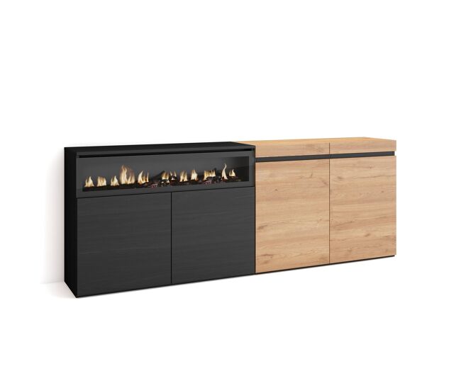 Aparador para salón, gran capacidad de almacenaje, 200x35x75cm, 4 puertas, chimenea eléctrica, estilo moderno, roble y negro