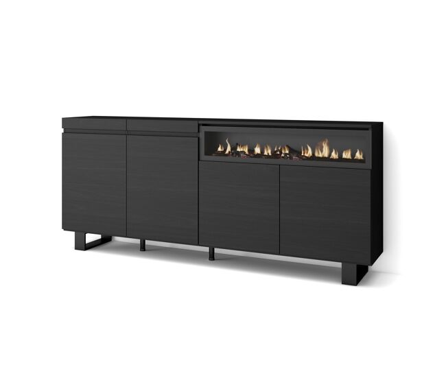 Aparador para salón, gran capacidad de almacenaje, 200x35x87cm, 4 puertas, chimenea eléctrica, diseño industrial, estilo moderno, negro