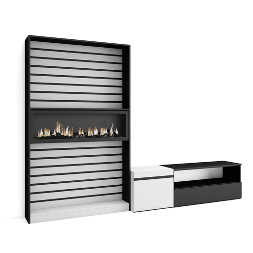 Conjunto de móveis TV, Mobiliário sala de estar, 260x35x186cm, Para televisores até 65, Lareira eléctrica XXL, Estilo moderno, Branco e preto