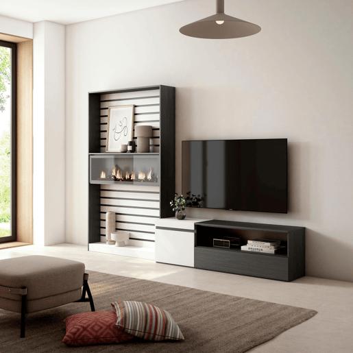 Conjunto de móveis TV, Mobiliário sala de estar, 260x35x186cm, Para televisores até 65, Lareira eléctrica XXL, Estilo moderno, Branco e preto