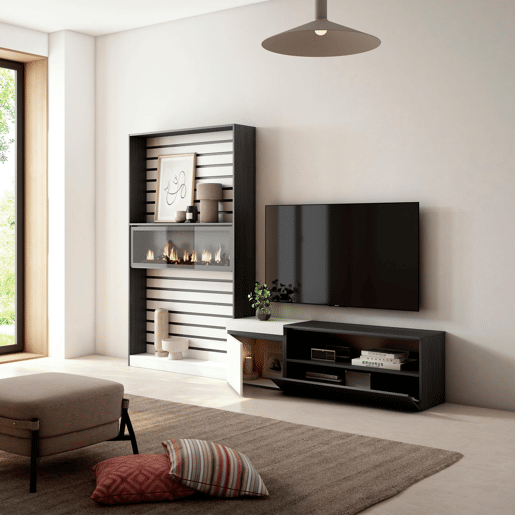 Conjunto de móveis TV, Mobiliário sala de estar, 260x35x186cm, Para televisores até 65, Lareira eléctrica XXL, Estilo moderno, Branco e preto