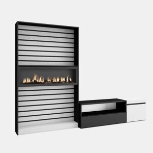 Conjunto de móveis TV, Mobiliário sala de estar, 260x35x186cm, Para televisores até 65, Lareira eléctrica XXL, Estilo moderno, Branco e preto