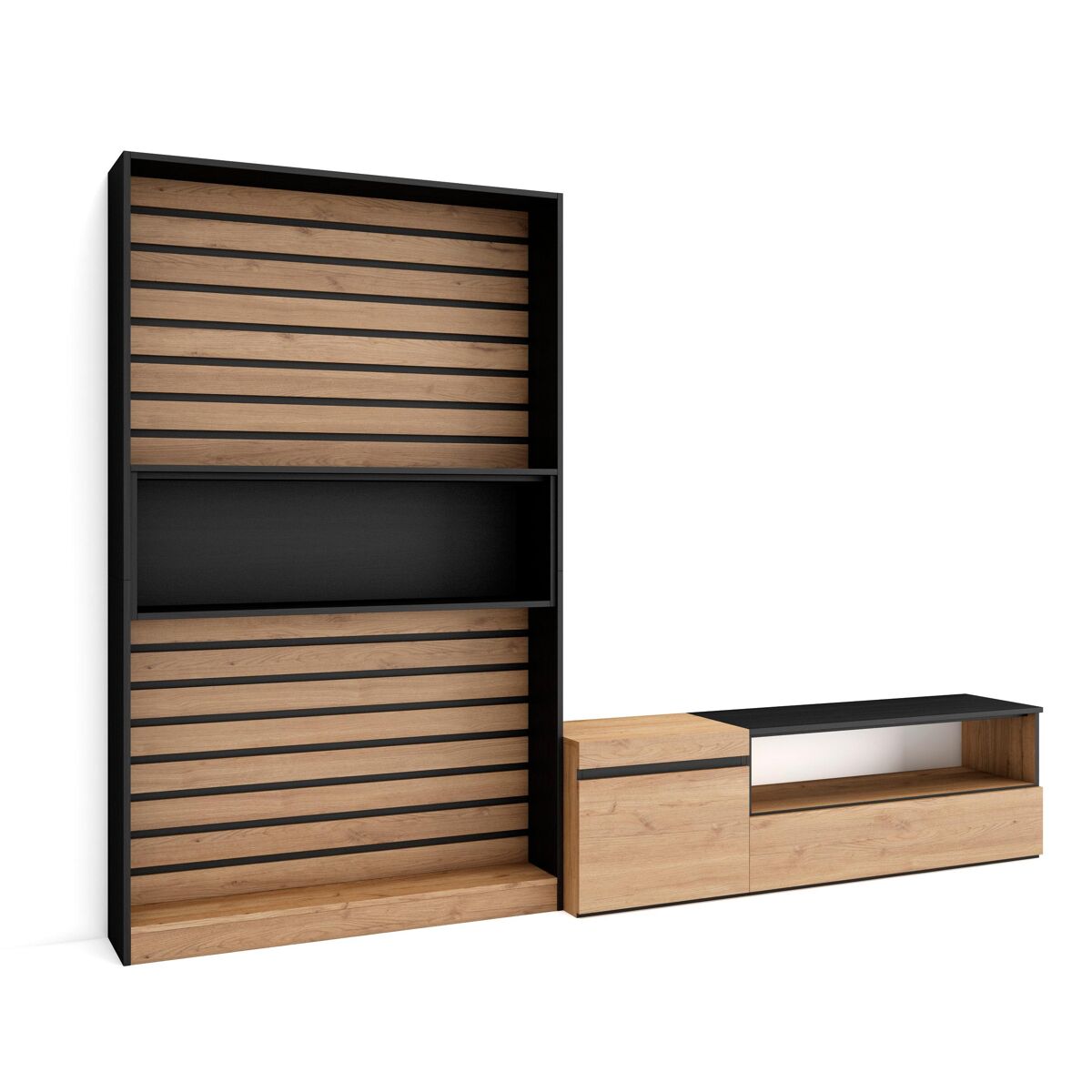 Muebles de salón para tv, conjunto de muebles comedor, 260x35x186cm, para tv hasta 65", mueble televisión, estilo moderno, roble y negro
