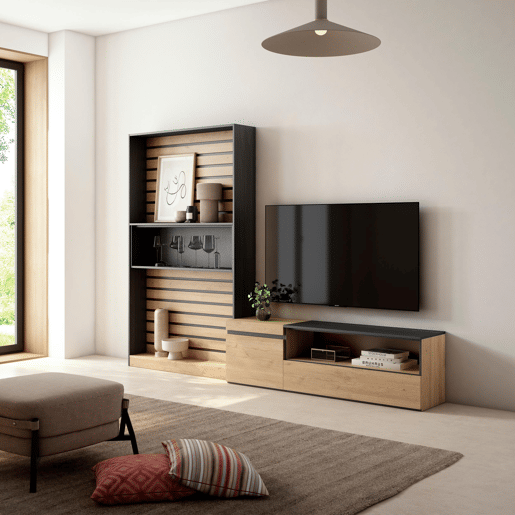 Conjunto de móveis TV, Mobiliário sala de estar, 260x35x186cm, Para televisores até 65, Estante para TV, Estilo moderno, Carvalho e preto Conjunto de móveis TV, Mobiliário sala de estar, 260x35x186cm, Para televisores até 65, Estante para TV, Estilo moderno, Carvalho e preto